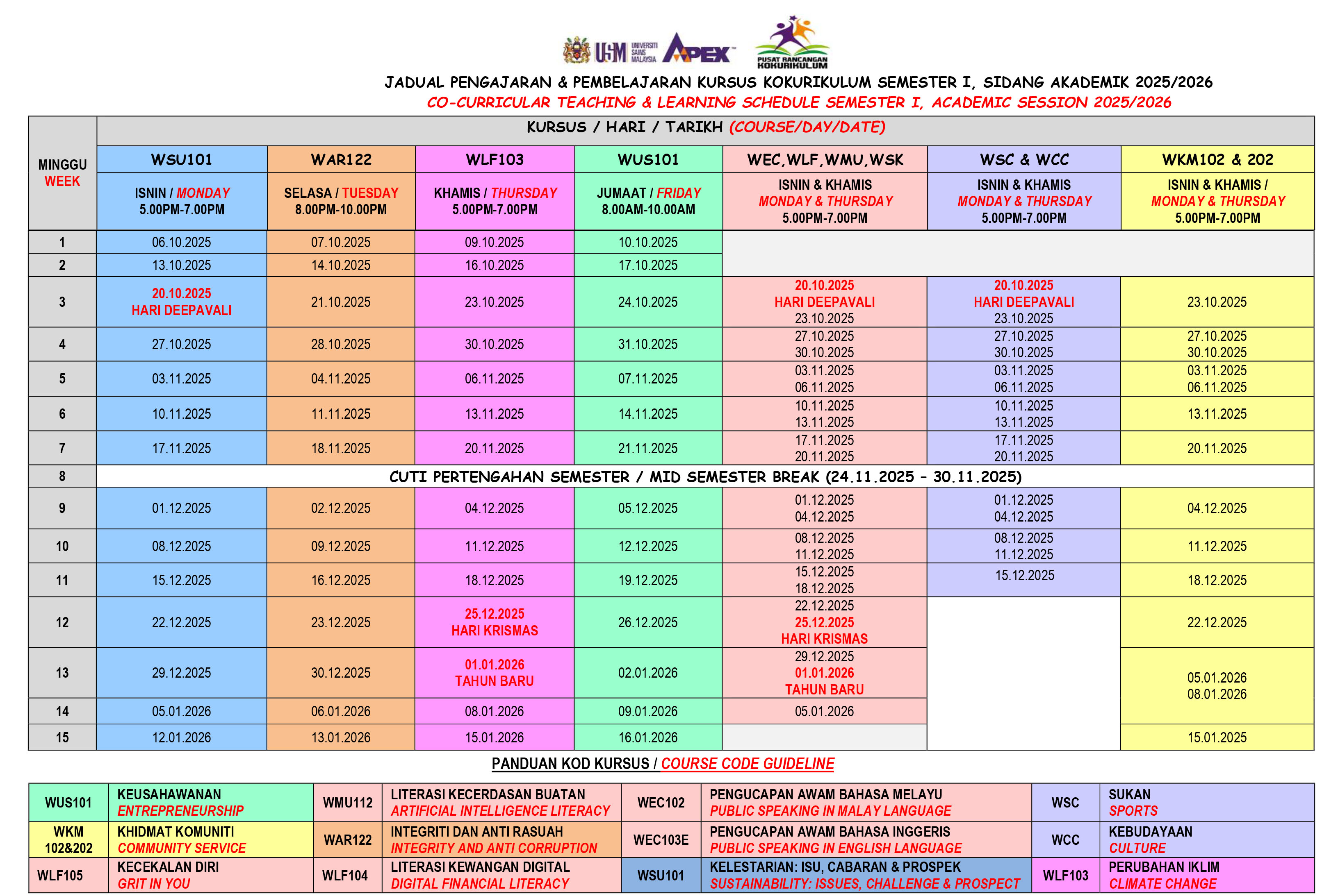 Jadual Kursus KOK Sem 1 SA 20252026